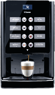 Cafetera Saeco Iperautomatica de columna con botonera de doce bebidas, sirviendo un cortado en vaso de cristal