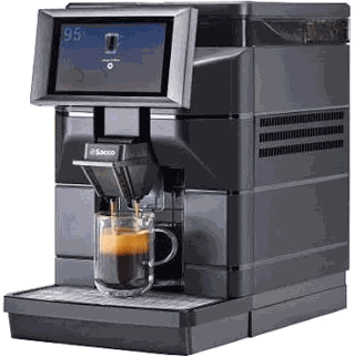 Cafetera superautomática Saeco Magic M2 con pantalla táctil, sirviendo un café en vaso de cristal